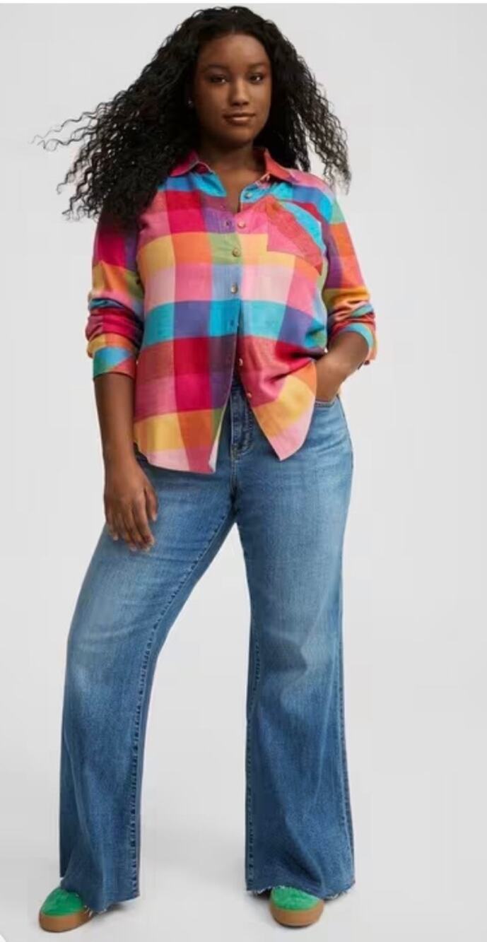 Torrid Lizzie Brushed Flannel Shirt Gilly Plaid Pink Blue Yellow Size 00 Med 10